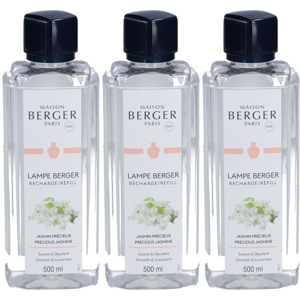 Drei Flakons mit schwarzem Verschluss. Auf Etikett: Maison Berger Paris, Lampe Berger, Jasmin Précieux, 500 ml.