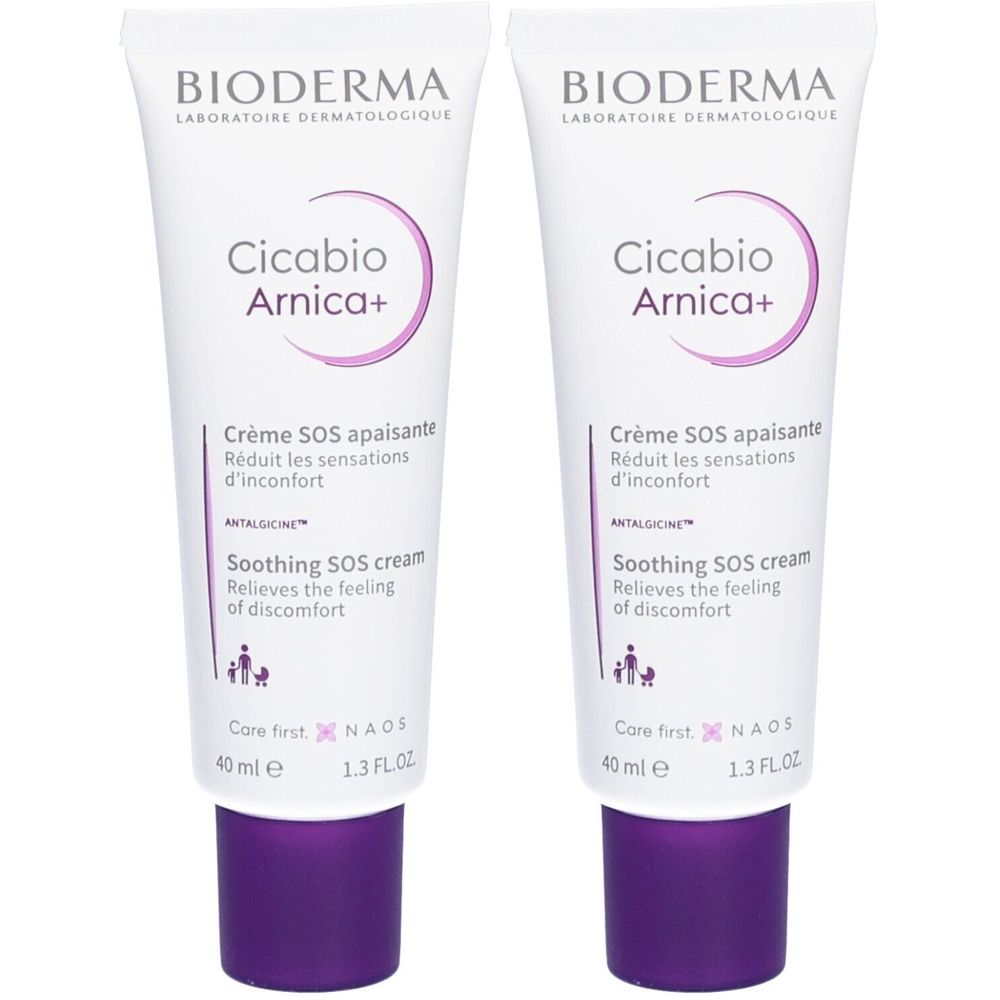 Zwei Tuben Bioderma Cicabio Arnica+ Creme. Weiß, mit lila Akzenten. Text: Cicabio Arnica+, Crème SOS apaisante, 40 ml.