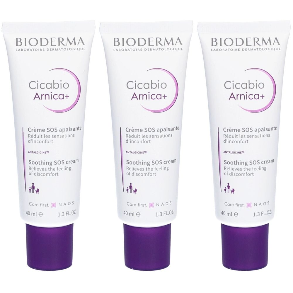 Drei Tuben Bioderma Cicabio Arnica+ Creme. Weiße Tuben mit lila Deckel. Text: Cicabio Arnica+, Crème SOS apaisante, Soothing SOS cream.