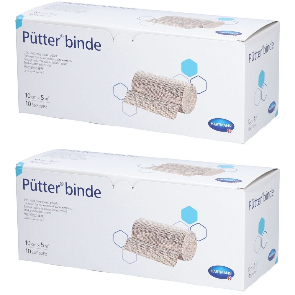 Deux boîtes de Pütter® binde. Inscription : 10 cm x 5 m, 10 pièces/paquet. Bandes de compression enroulées. Marque : HARTMANN.