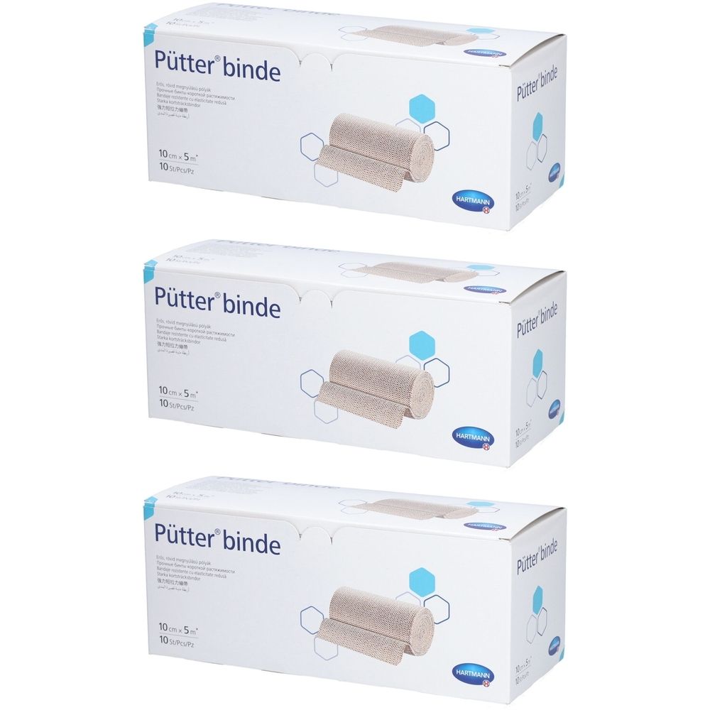 Trois boîtes de bandage compressif Pütter®. Inscription : Pütter® binde, 10 cm x 5 m. Bande beige représentée sur l'emballage.