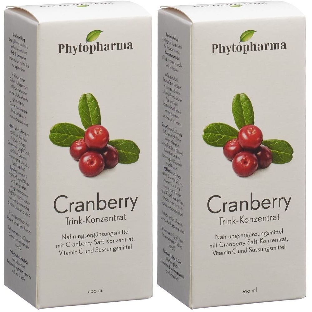 Zwei weiße Kartons mit Cranberry-Konzentrat. Aufdruck: Phytopharma, Cranberry, Trink-Konzentrat, 200 ml. Abbildung von Cranberries.