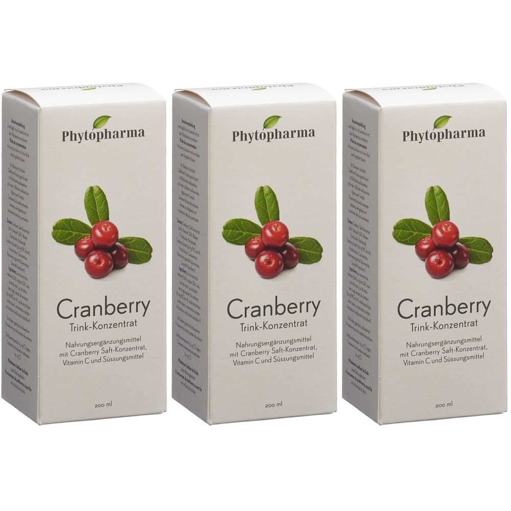 Drei Kartons mit Cranberry-Trink-Konzentrat. Aufdruck: Phytopharma, Cranberry, Blätter und Beeren. Weißer Hintergrund.