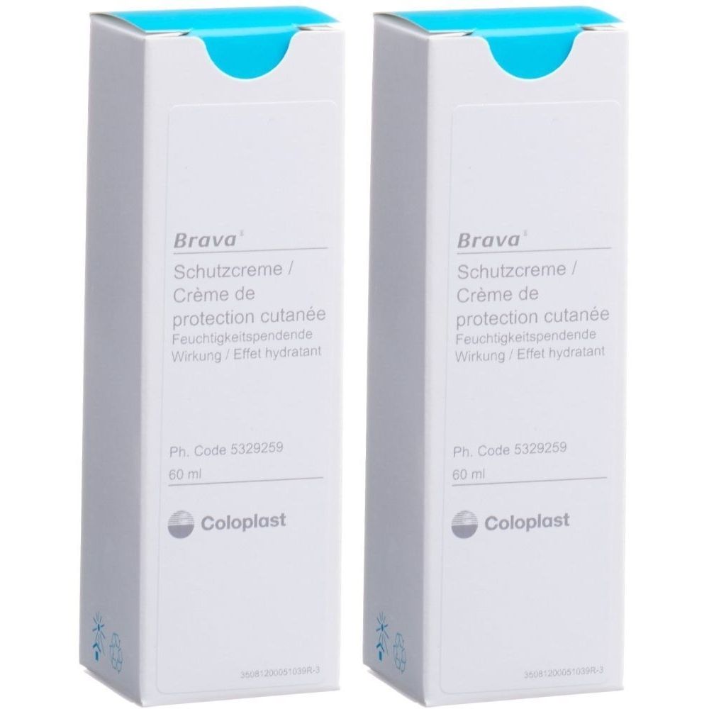 Zwei weiße Kartons mit blauer Oberseite. Aufgedruckt sind Produktinformationen, darunter "Brava Schutzcreme" und das Logo von Coloplast.