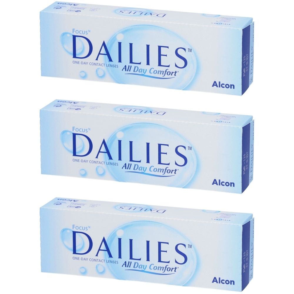 Drei Schachteln Kontaktlinsen. Auf jeder Schachtel steht "Focus DAILIES All Day Comfort" und "Alcon".