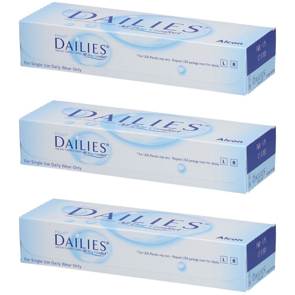 Drei Schachteln FOCUS DAILIES All Day Comfort Tageslinsen. Blaue und weiße Verpackung mit Produktnamen und Logo.