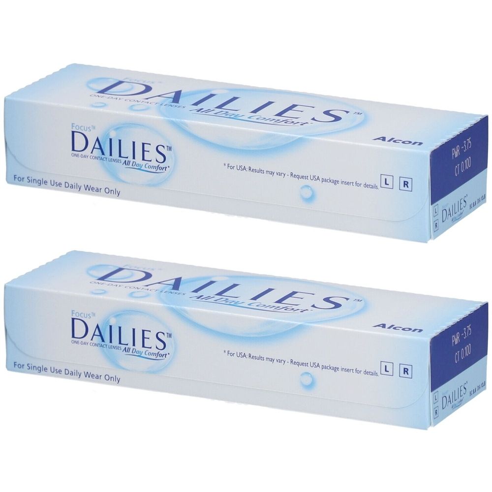 Zwei Packungen FOCUS DAILIES Tageslinsen. Weiße Schachteln mit blauer Schrift. Aufschrift: DAILIES, Alcon, -3.75 dpt.