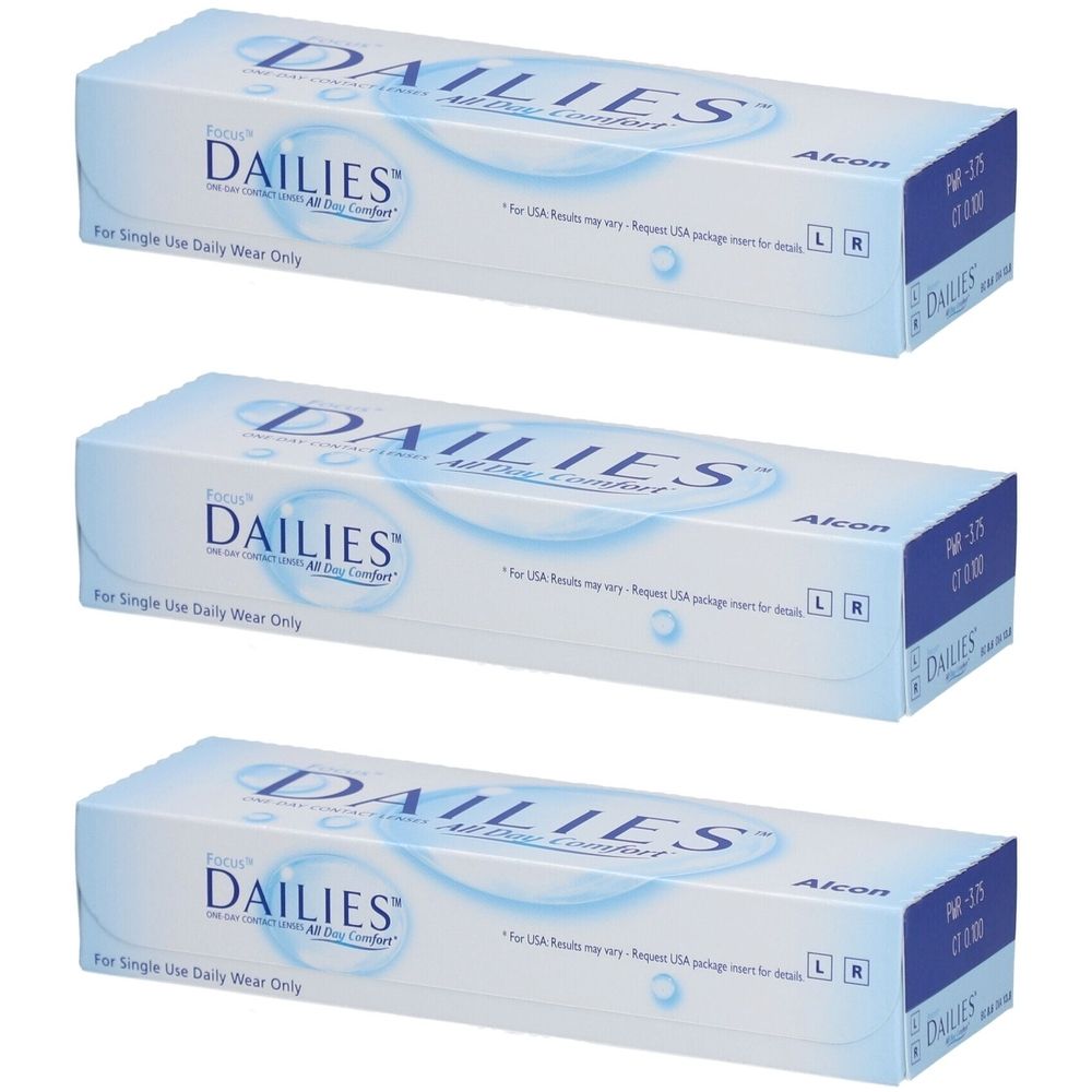 Drei Schachteln FOCUS DAILIES All Day Comfort Tageslinsen. Blaue und weiße Verpackung mit Produktnamen und Alcon Logo.