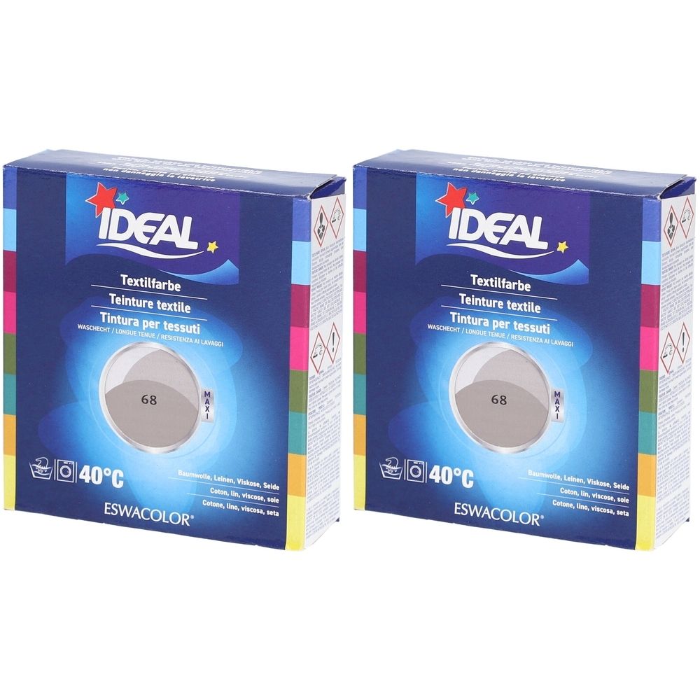 Zwei rechteckige Kartons mit IDEAL Textilfarbe. Aufdrucke: Textilfarbe, Teinture textile, Tintura per tessuti. Farbton 68. Temperatur 40°C. ESWACOLOR.