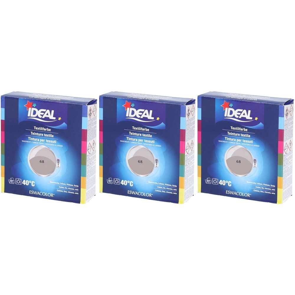 Drei Schachteln Textilfarbe. Auf jeder Schachtel steht IDEAL, Textilfarbe, 40°C und ESWACOLOR.