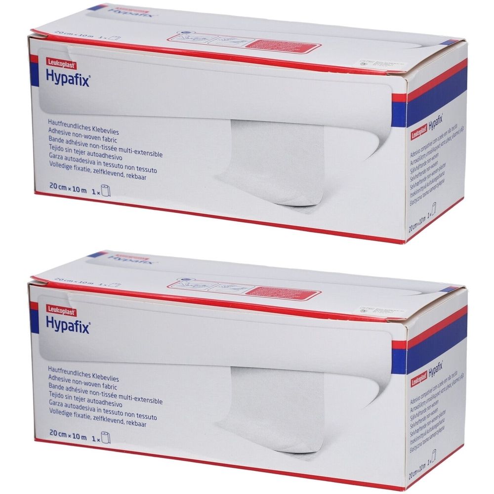 Zwei Kartons Hypafix. Aufschrift: 20 cm x 10 m. Weißes, nicht gewebtes Material. Roter und blauer Streifen auf der Verpackung.