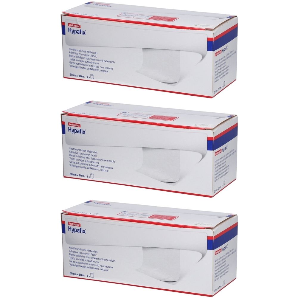 Drei Kartons Hypafix. Weiß, mit roter und blauer Umrandung. Aufschrift Hypafix. Rolle mit Klebefläche. Größe 20cm x 10m.