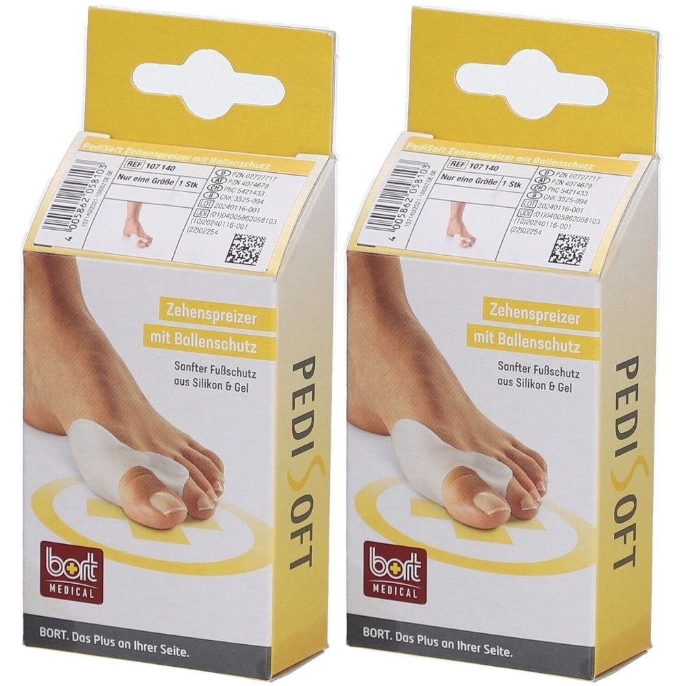 Zwei Kartons mit Zehenspreizer. Aufdruck: PediSoft, BORT MEDICAL. Produktabbildung: Fuß mit Zehenspreizer.