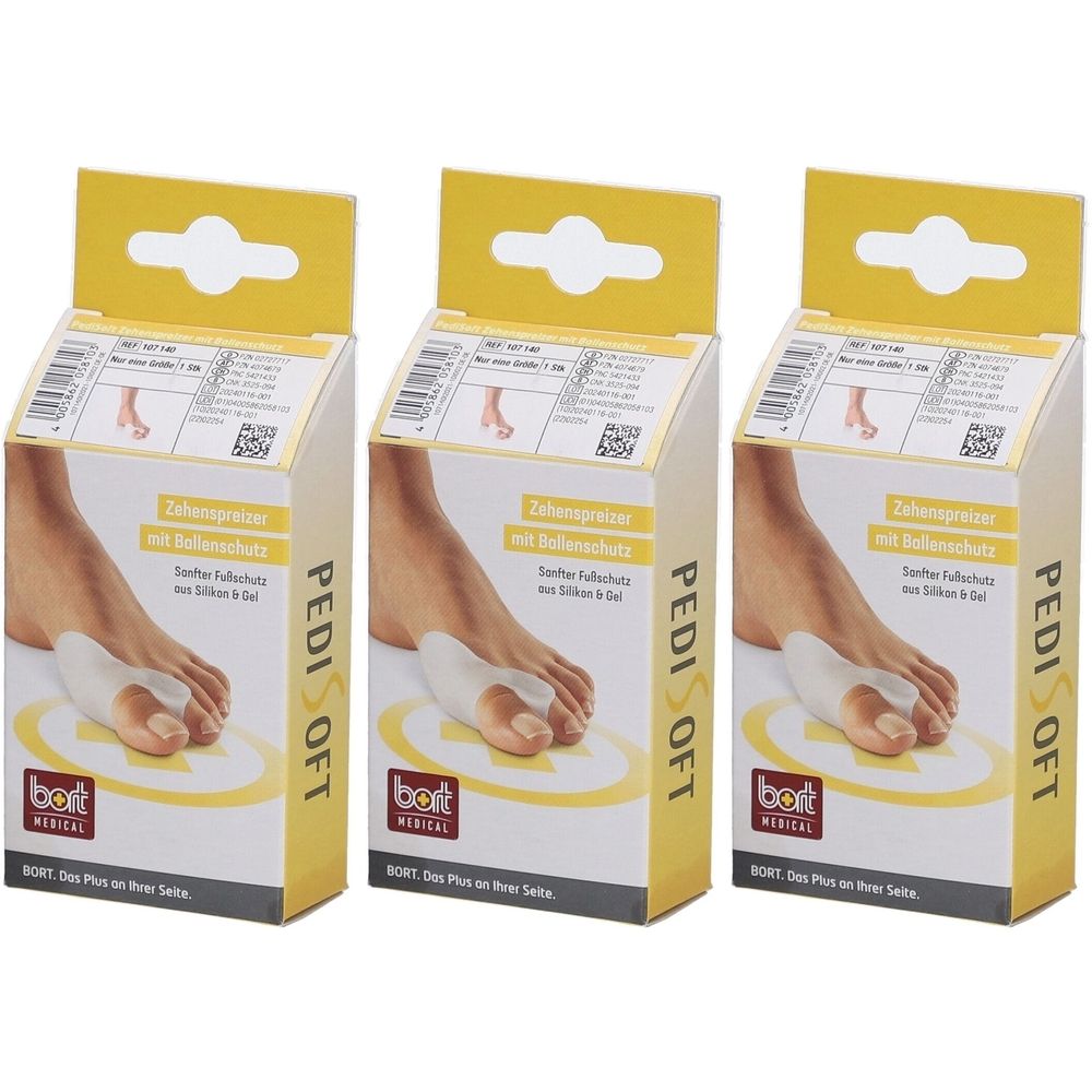 Drei Verpackungen mit Zehenspreizern. Gelb-weiße Kartons mit Produktabbildung und Schriftzug PediSoft und BORT MEDICAL.