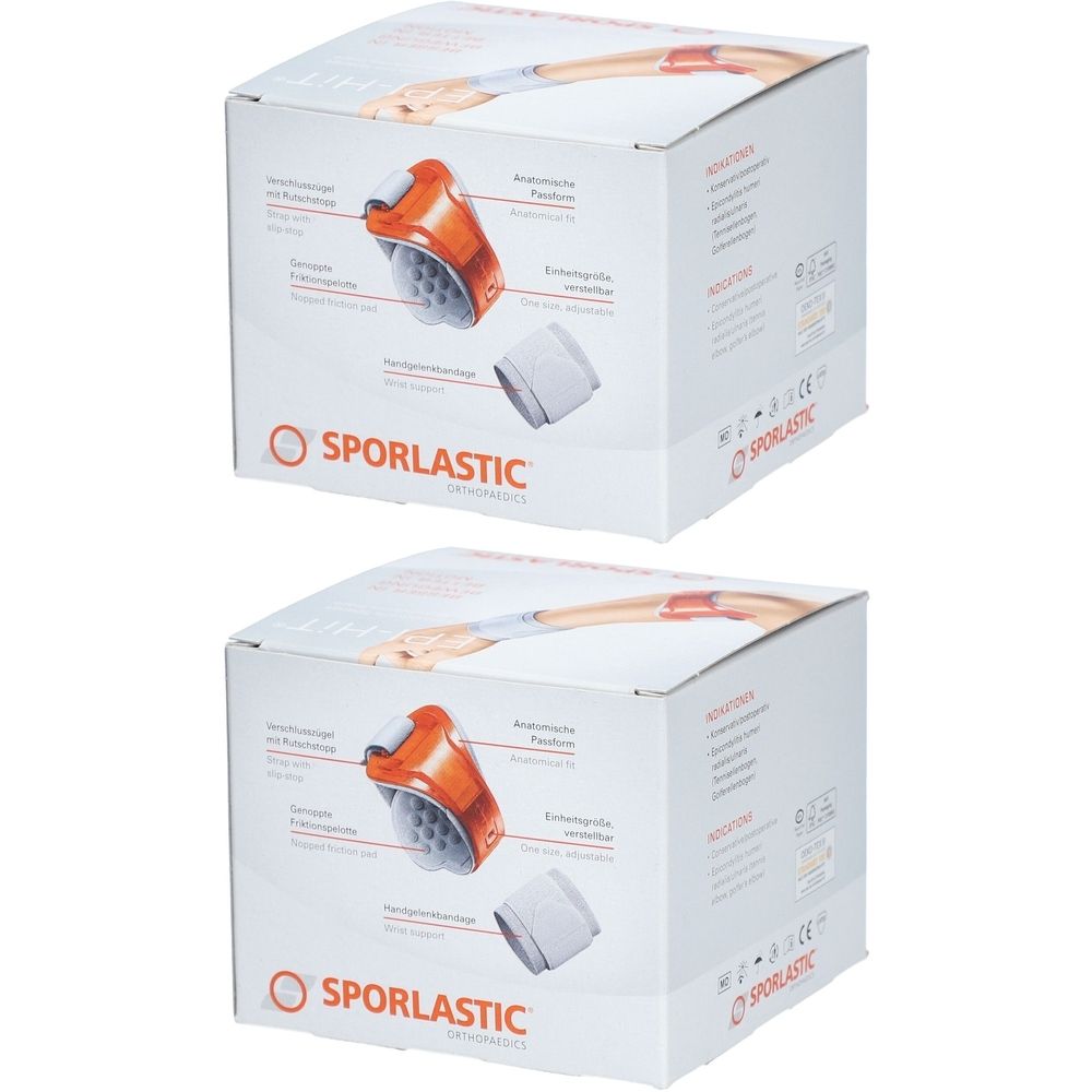 Zwei Produktverpackungen. Aufdrucke: SPORLASTIC, Produktabbildung, Produktbezeichnung, medizinische Informationen.