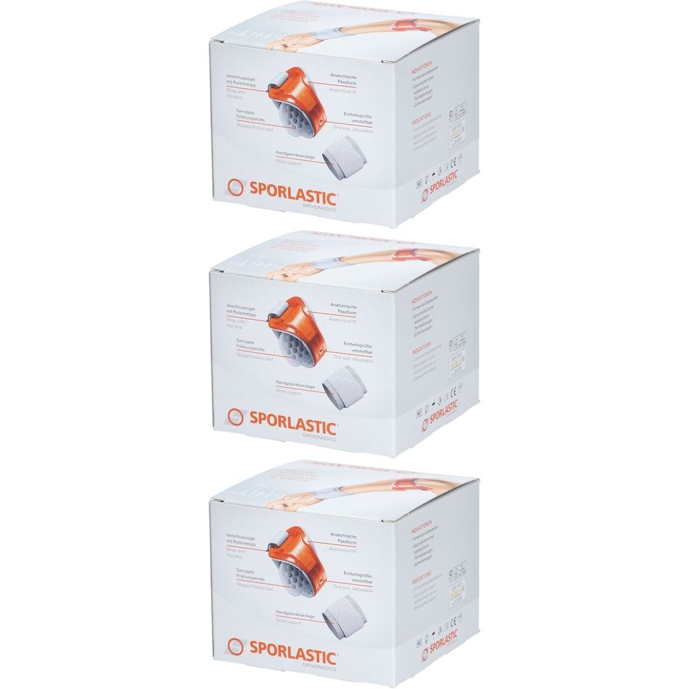 Drei Produktverpackungen. Auf jeder Box ist ein orangefarbenes medizinisches Gerät abgebildet, darunter ein weißes Zubehörteil. SPORLASTIC-Logo.