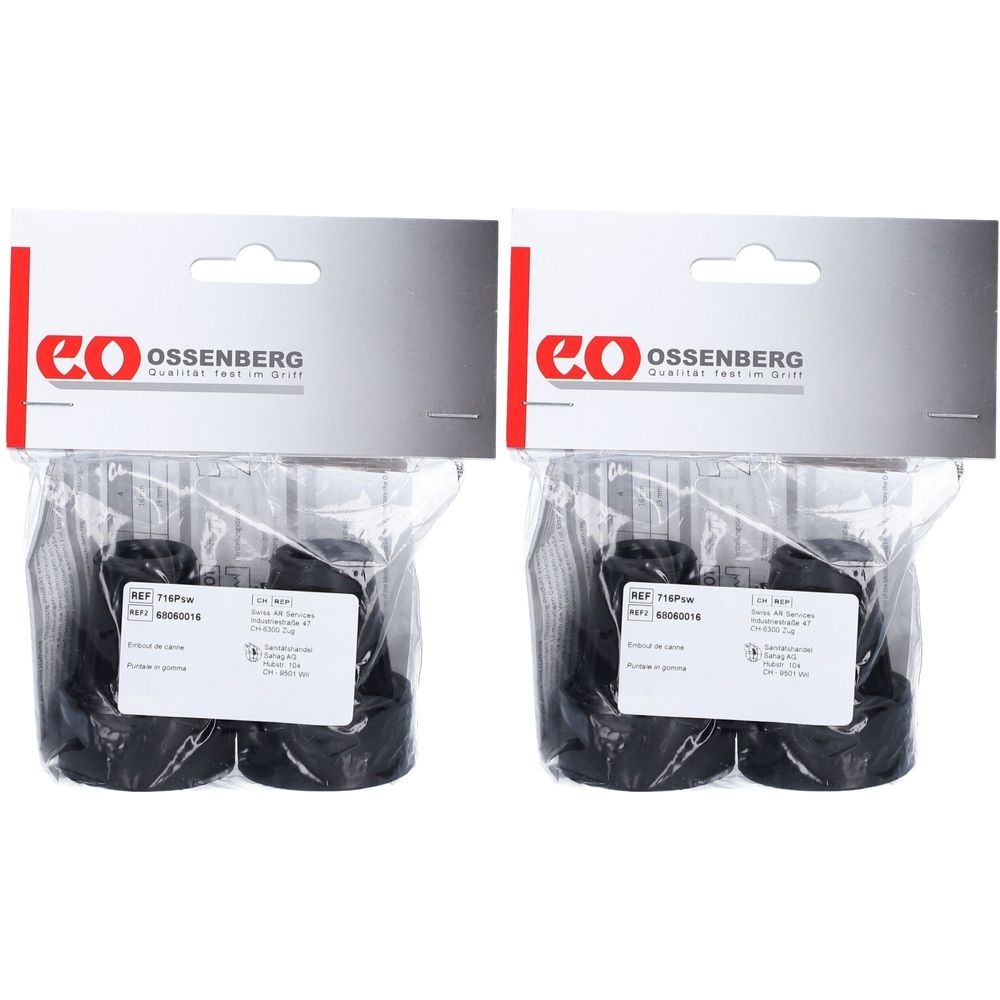 Deux paquets d'embouts noirs pour béquilles. Chaque paquet contient plusieurs embouts dans un emballage plastique. Marque : Ossenberg.