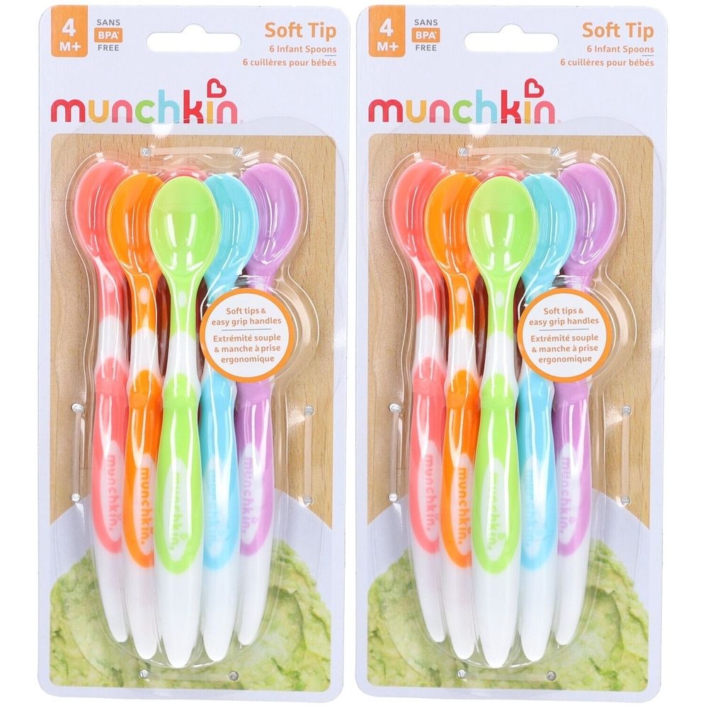 Emballage de six cuillères pour bébés. Cuillères multicolores avec embout souple et poignées ergonomiques. Marque : Munchkin.