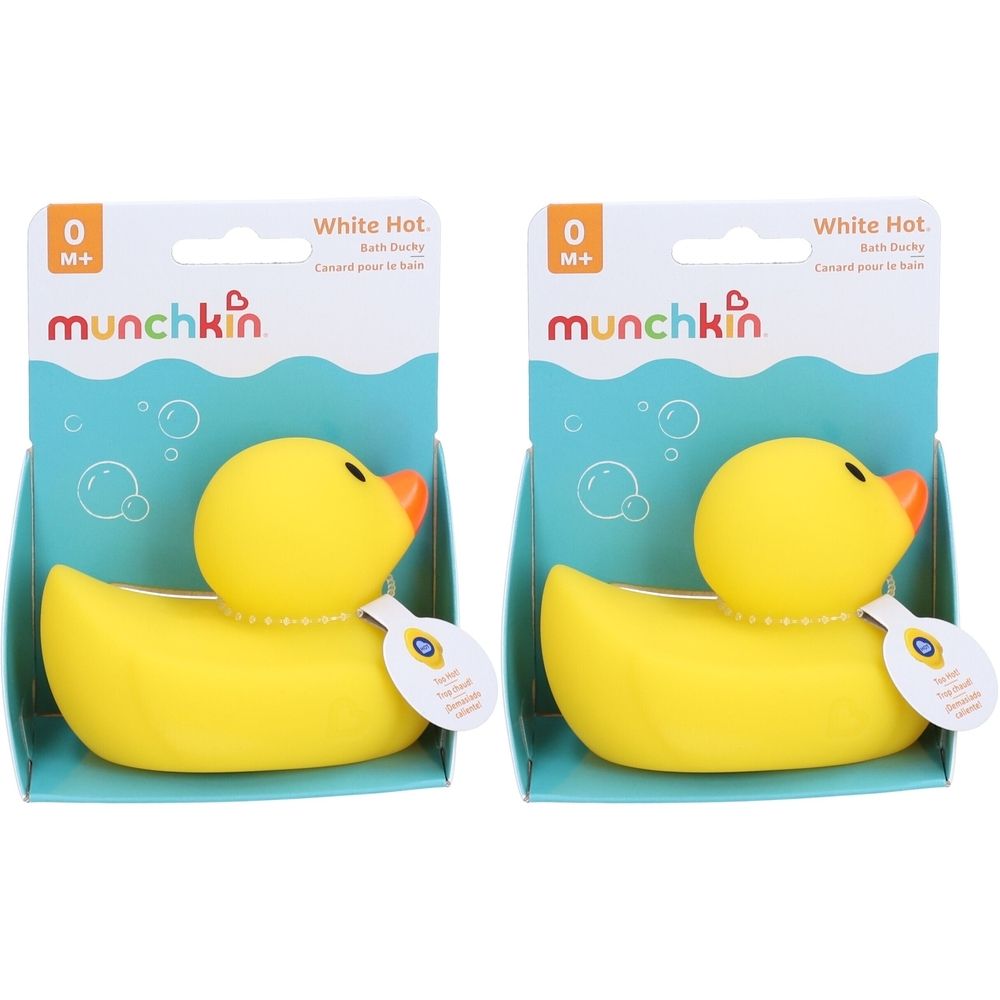 Zwei gelbe Badeenten mit Thermometer-Anhänger in Verpackung. Marke: munchkin. Aufschrift: White Hot.