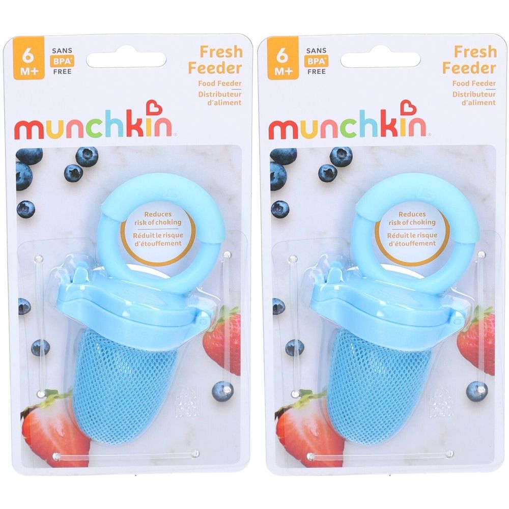 Zwei blaue Fresh Feeder von Munchkin in Verpackung. Mit Griff, Netzbeutel und BPA-frei-Kennzeichnung. Geeignet ab 6 Monaten.