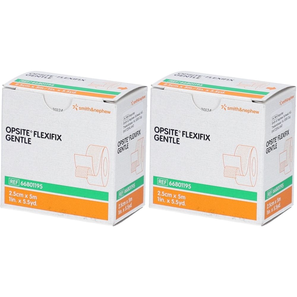 Zwei Kartons Opsite Flexifix Gentle. Aufdruck: 2,5 cm x 5 m. Marke Smith&Nephew. Produktabbildung auf der Verpackung.