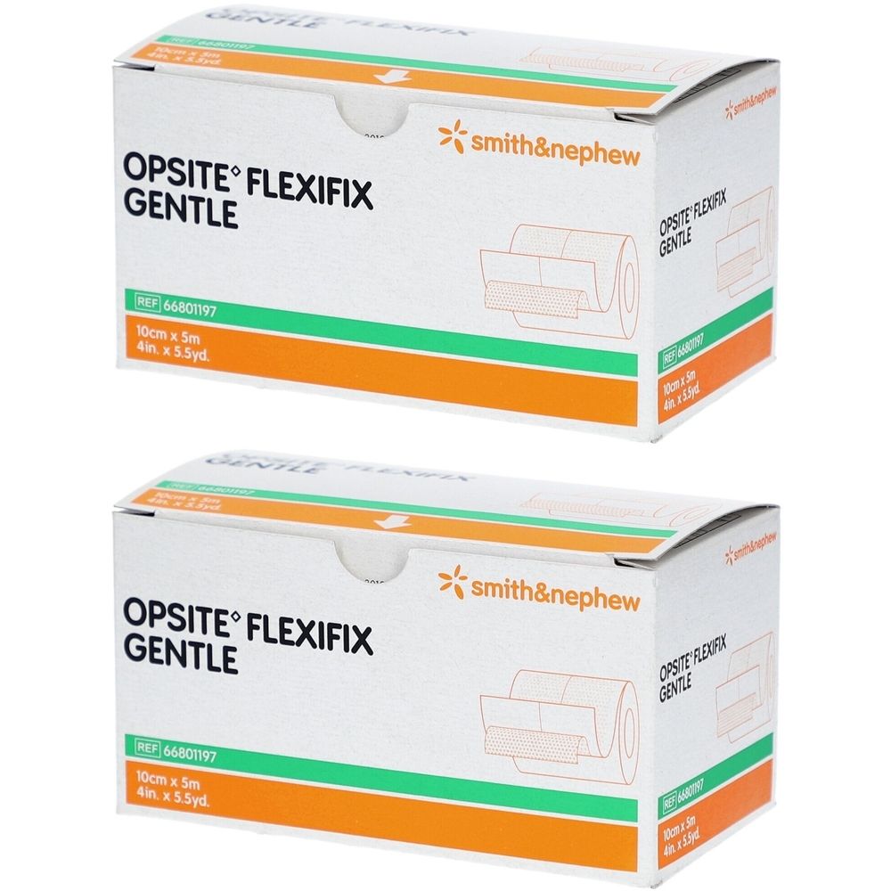 Zwei Kartons mit OPSITE FLEXIFIX GENTLE. Aufschrift: 10cm x 5m, 4in x 5.5yd. Marke: smith&nephew. Orangefarbene und grüne Akzente.