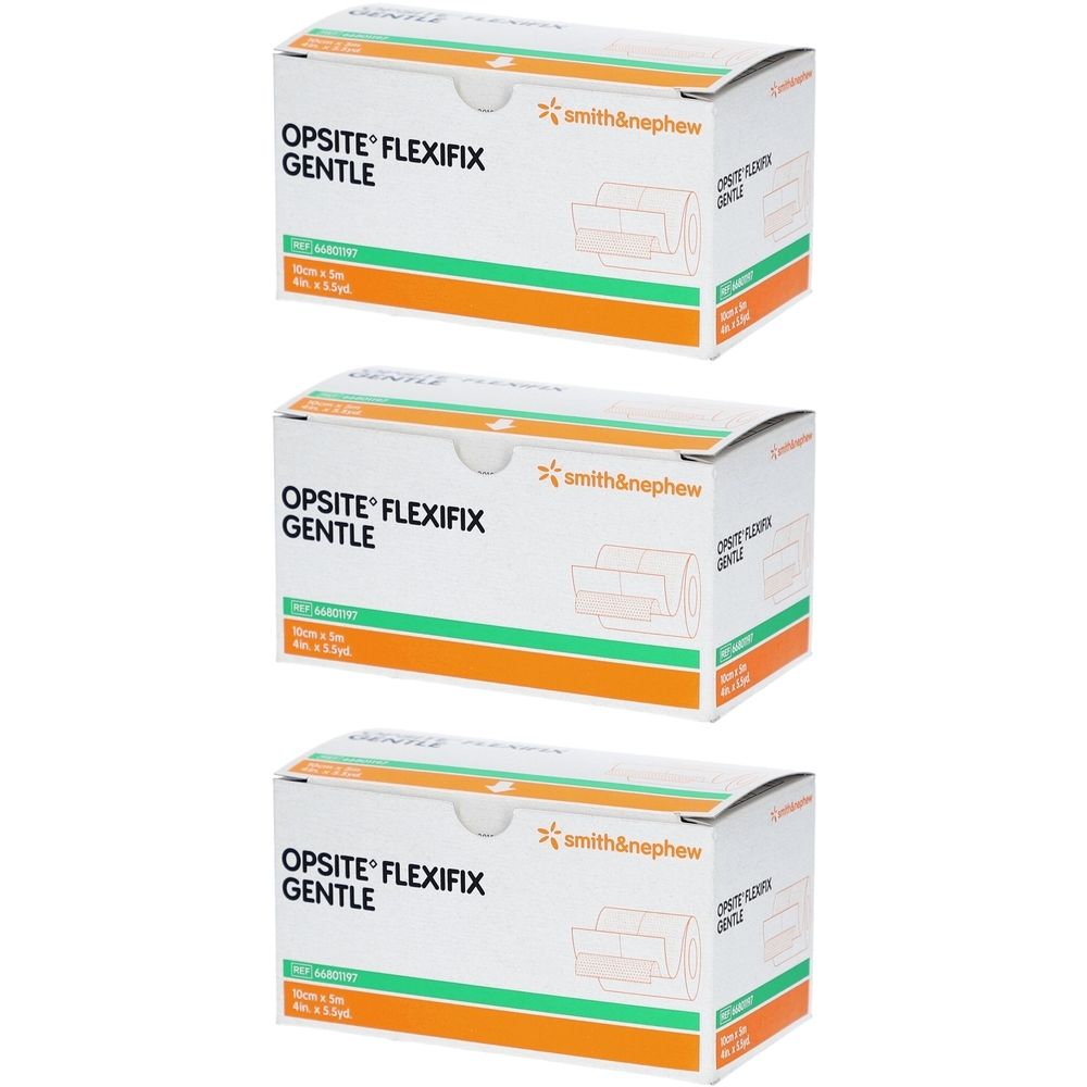 Drei Schachteln Opsite Flexifix Gentle. Aufschrift: Smith&Nephew. Grün-orangefarbene Streifen. Produktabbildung.