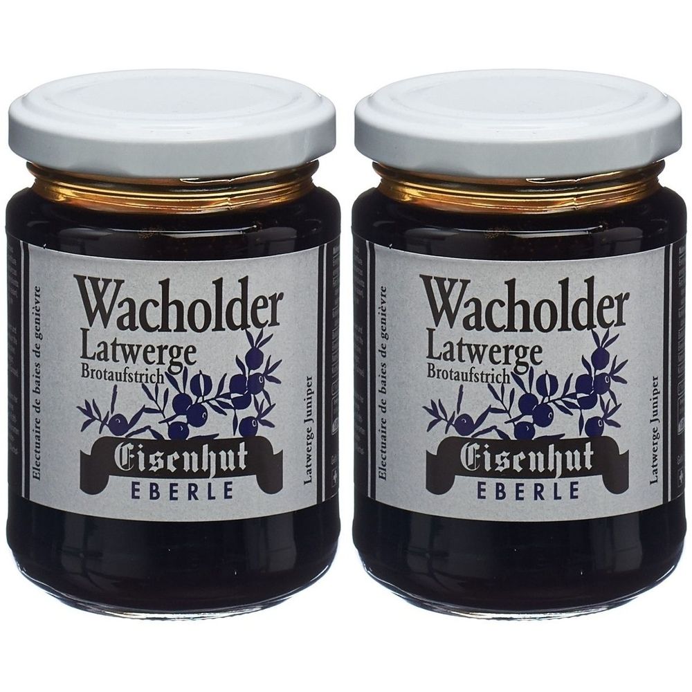Zwei Gläser Wacholder Latwerge. Etikett mit Schriftzug, Illustration von Wacholderbeeren und dem Markennamen Eisenhut Eberle.