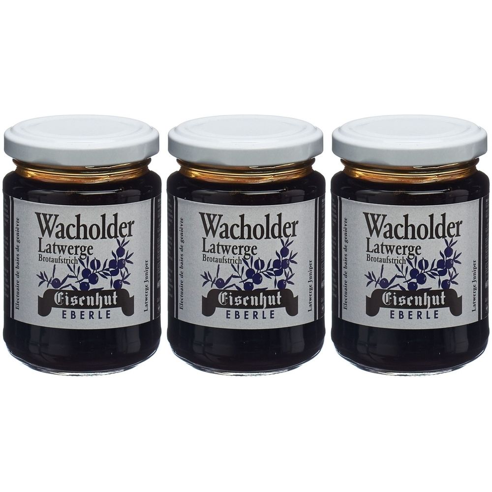 Drei Gläser EISENHUT Wacholder Latwerge. Etikett mit Produktname, Marke und Abbildung von Wacholderbeeren. Weiße Deckel, goldener Rand.