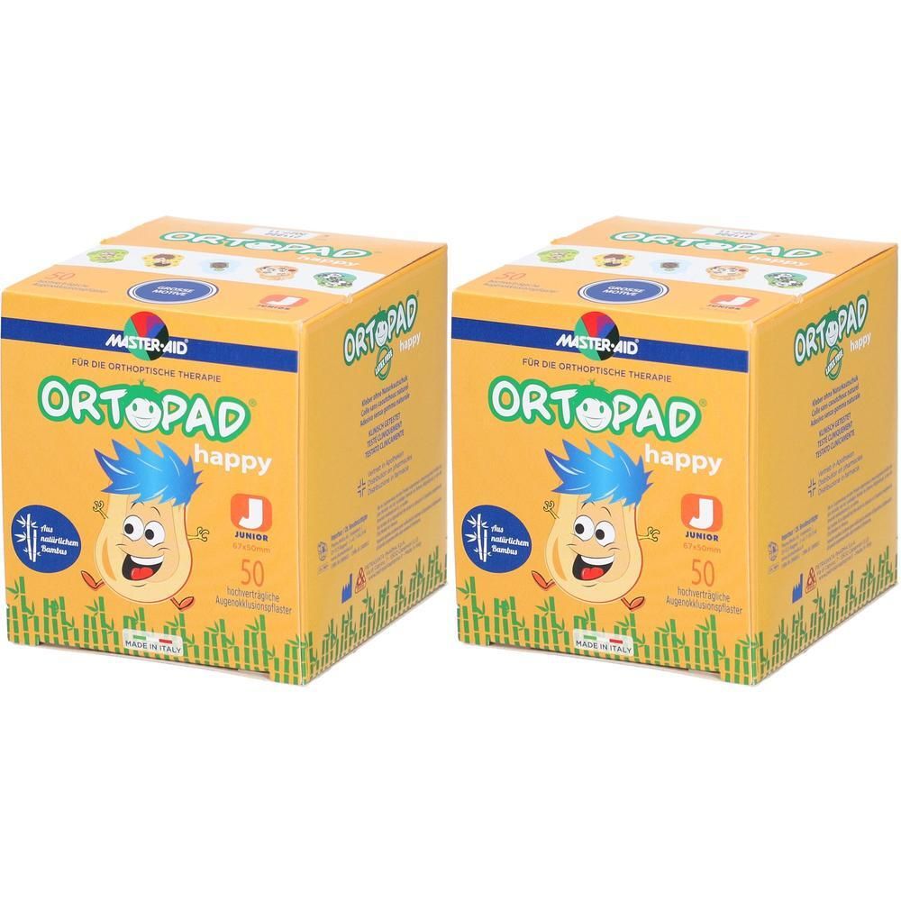 Deux boîtes ORTOPAD happy, 50 pièces par boîte. Emballage jaune avec personnage de dessin animé et logo du produit.
