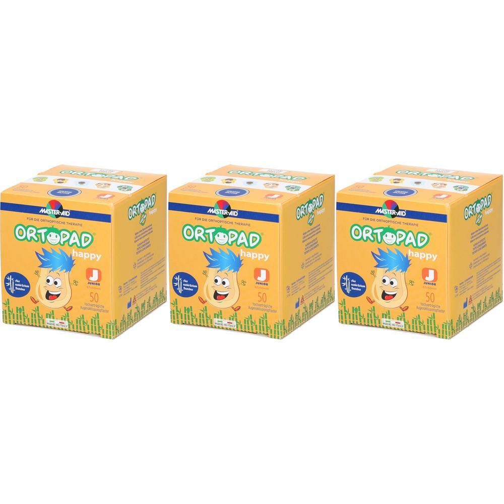 Trois boîtes ORTOPAD Glücklich, chacune contenant 50 pièces. Emballage jaune avec personnage de dessin animé et informations produit.