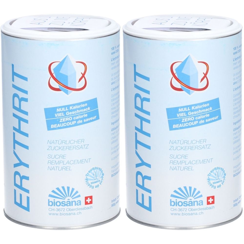 Zwei zylindrische Dosen mit der Aufschrift "ERYTHRIT". Auf den Dosen sind Logos und Text in Deutsch und Französisch zu sehen. Die Marke ist "biosana".