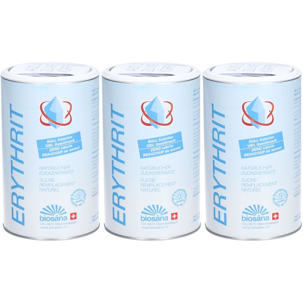 Drei zylindrische Dosen mit der Aufschrift "ERYTHRIT". Auf jeder Dose ist ein Logo und Text in mehreren Sprachen zu sehen.
