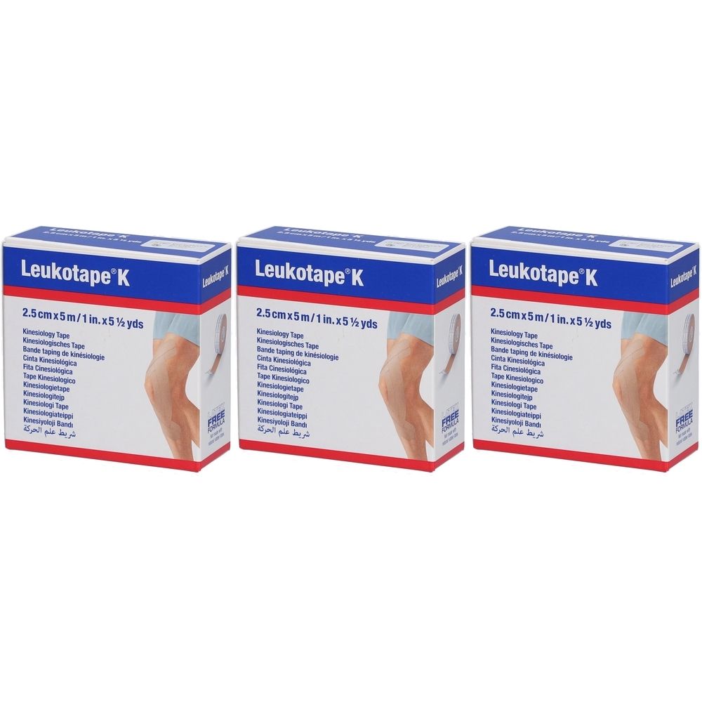 Trois boîtes de Leukotape K. Chaque boîte indique 2,5 cm x 5 m. Une illustration montre un genou.
