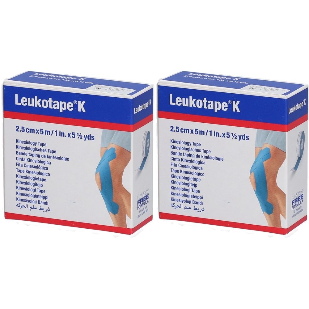 Zwei Packungen Leukotape® K. Blaue Kinesiologie-Tapes, 2,5 cm x 5 m. Aufdruck mit Produktnamen und Größenangabe.