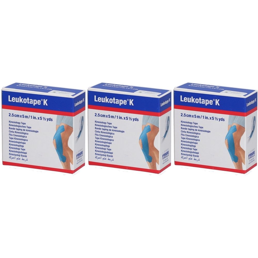 Drei Packungen Leukotape K. Blaue und weiße Verpackung mit Produktinformationen und Abbildung eines Knies.