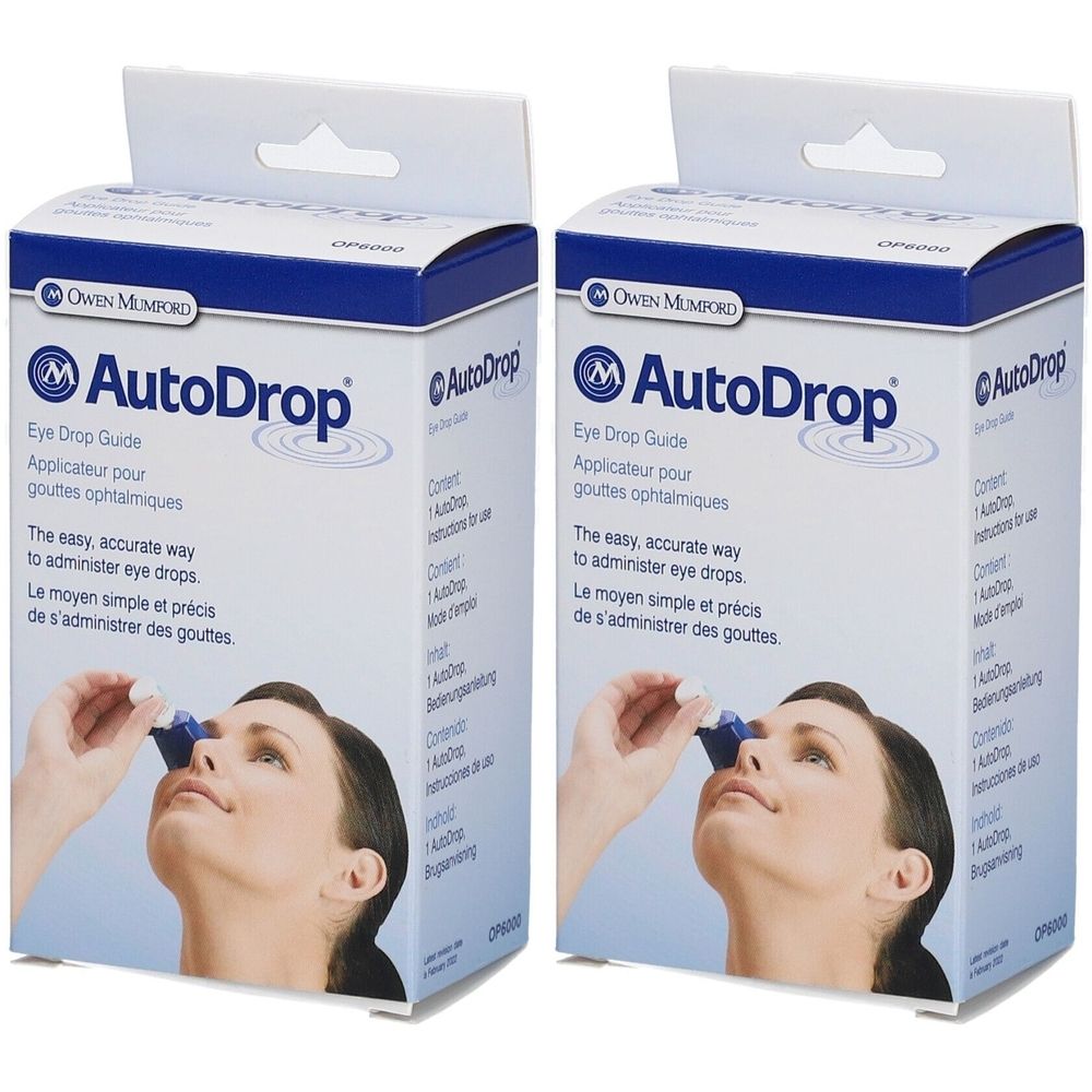 Zwei weiße Kartons mit blauem Akzent. Aufdruck: AutoDrop, Eye Drop Guide. Frau hält Applikator am Auge. Verpackung mit Produktabbildung.