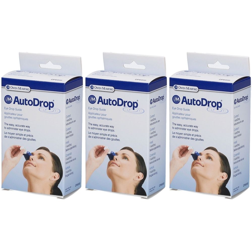 Drei Produktverpackungen. Auf jeder Schachtel ist der Name "AutoDrop" und eine Frau, die Augentropfen anwendet, abgebildet.