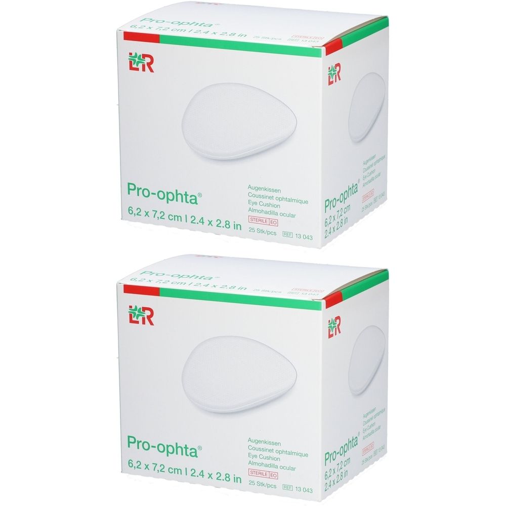 Deux boîtes de coussinets oculaires Pro-ophta. Impression : 6,2 x 7,2 cm. Coussinet oculaire blanc illustré sur chaque emballage. Logo vert et rouge.