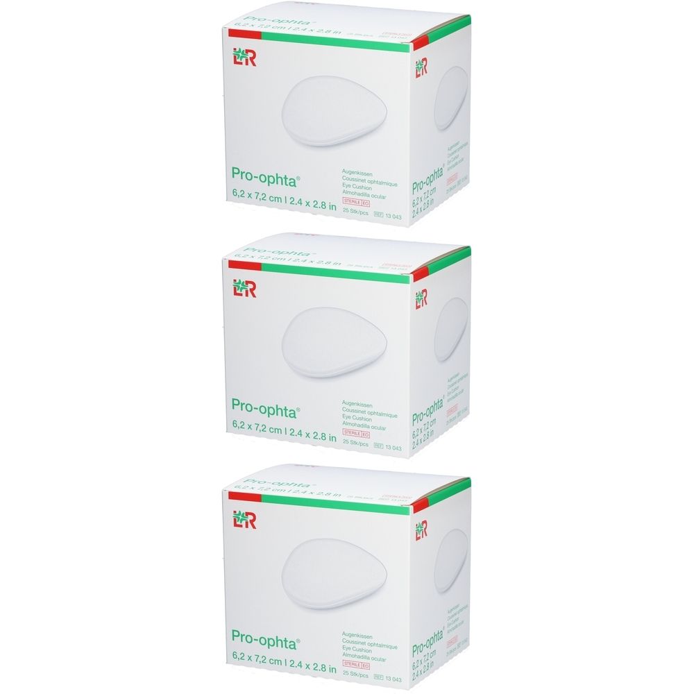 Trois boîtes de coussinets oculaires. Inscription : Pro-ophta, 6,2 x 7,2 cm. Logo : ER. Emballage avec marquage rouge et vert.