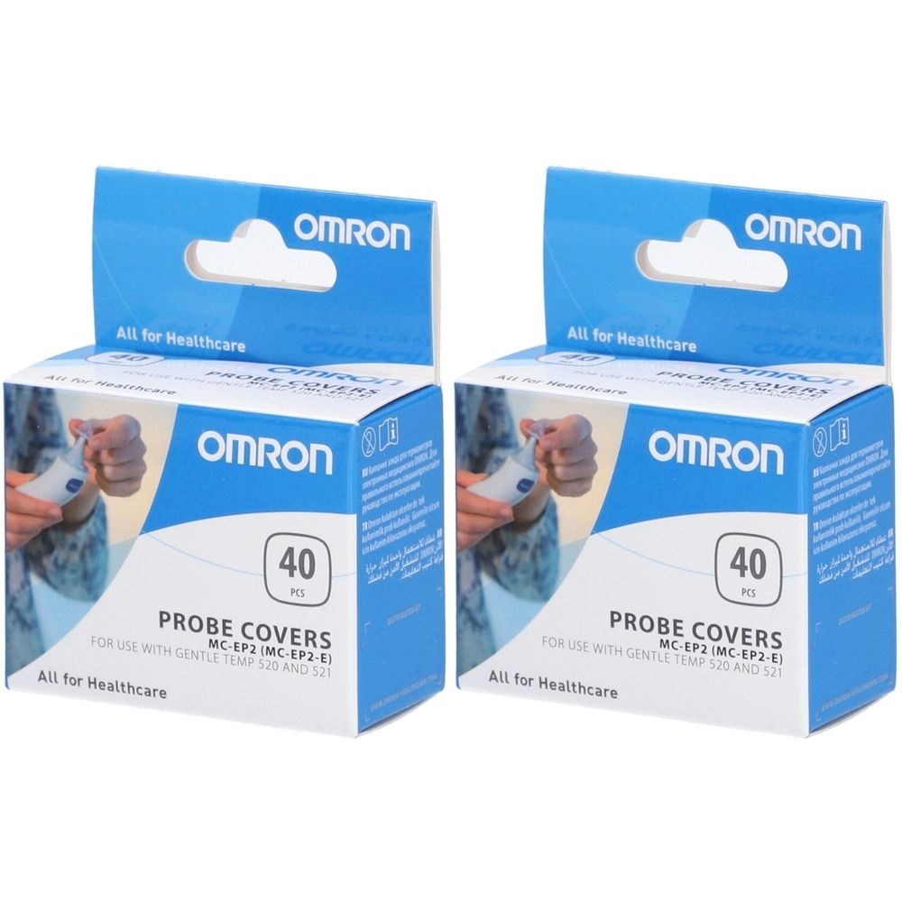 Zwei blaue Kartons mit der Aufschrift OMRON. Aufschrift: PROBE COVERS, 40 Stück. Für Gentle Temp S20 und S21.