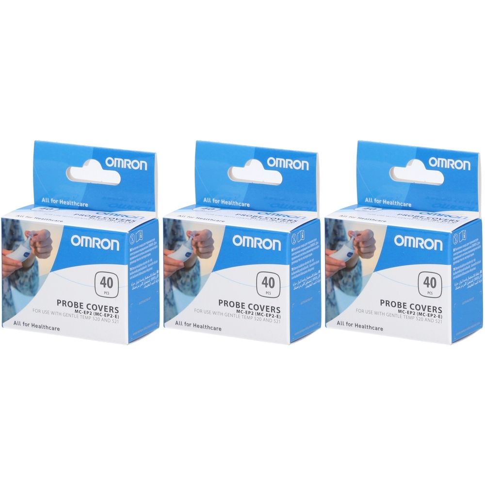Drei blaue Kartons mit Omron-Logo. Auf jedem Karton steht "40" und "Probe Covers".