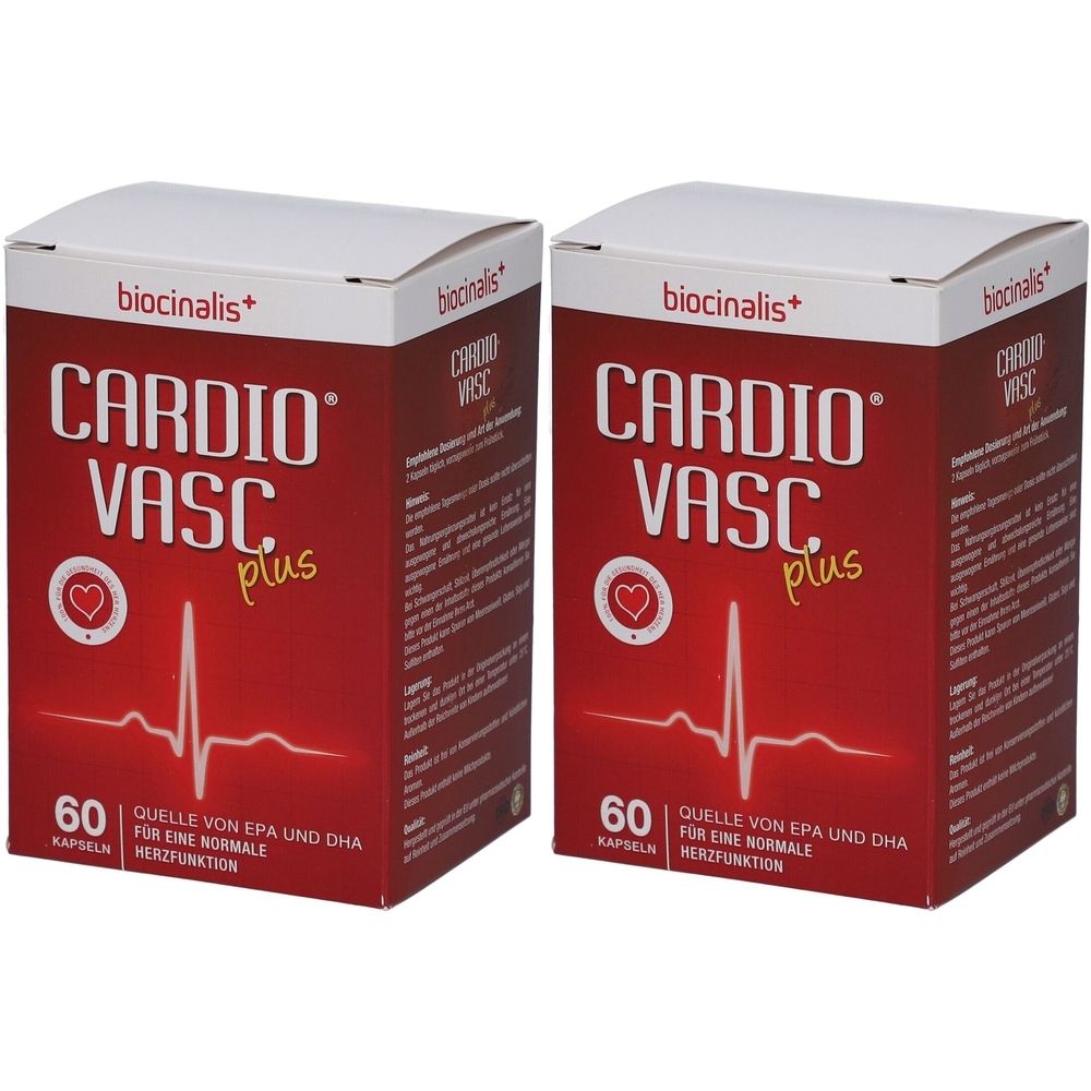 Zwei rote Kartons mit der Aufschrift "Cardio Vasc Plus". Aufdrucke: "biocinalis+", "60 Kapseln", Herzsymbol und EKG-Linie.