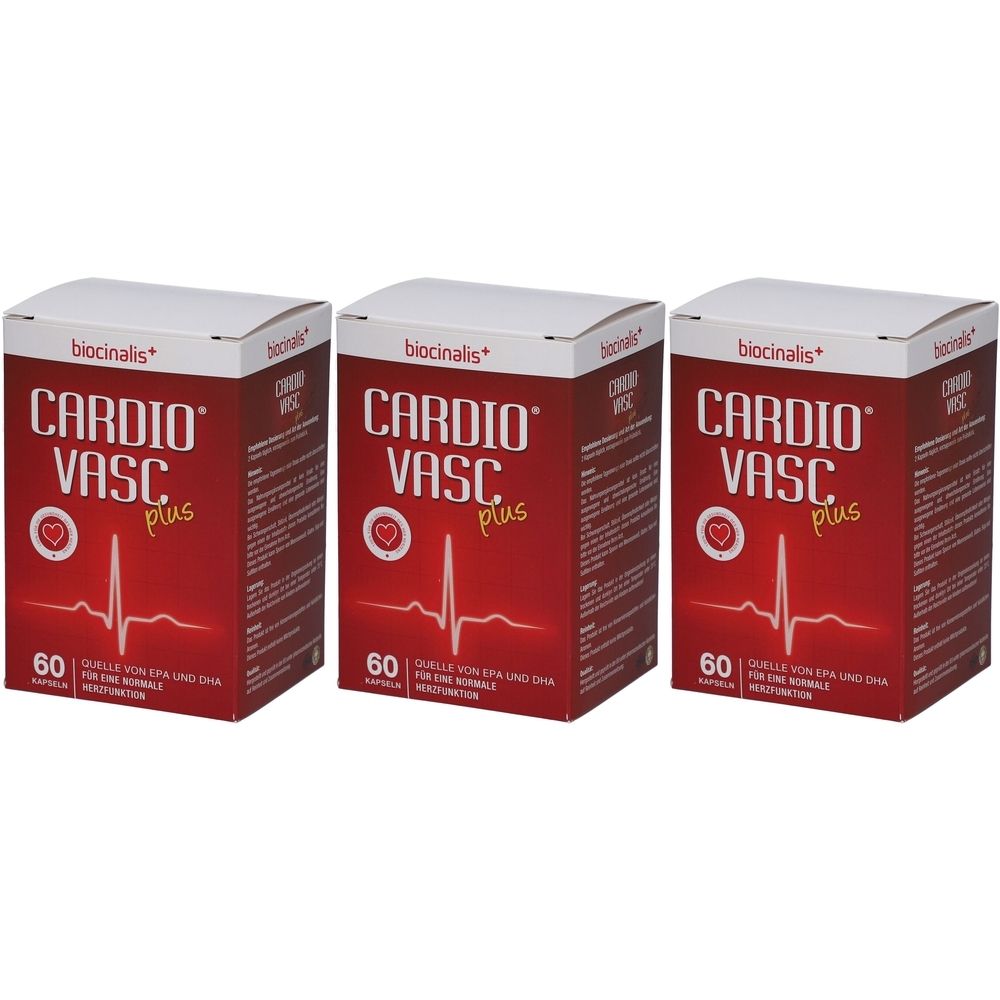 Drei rote Kartons mit weißem Deckel. Aufdruck: Cardio Vasc Plus, Logo, 60 Kapseln. Marke: biocinalis.