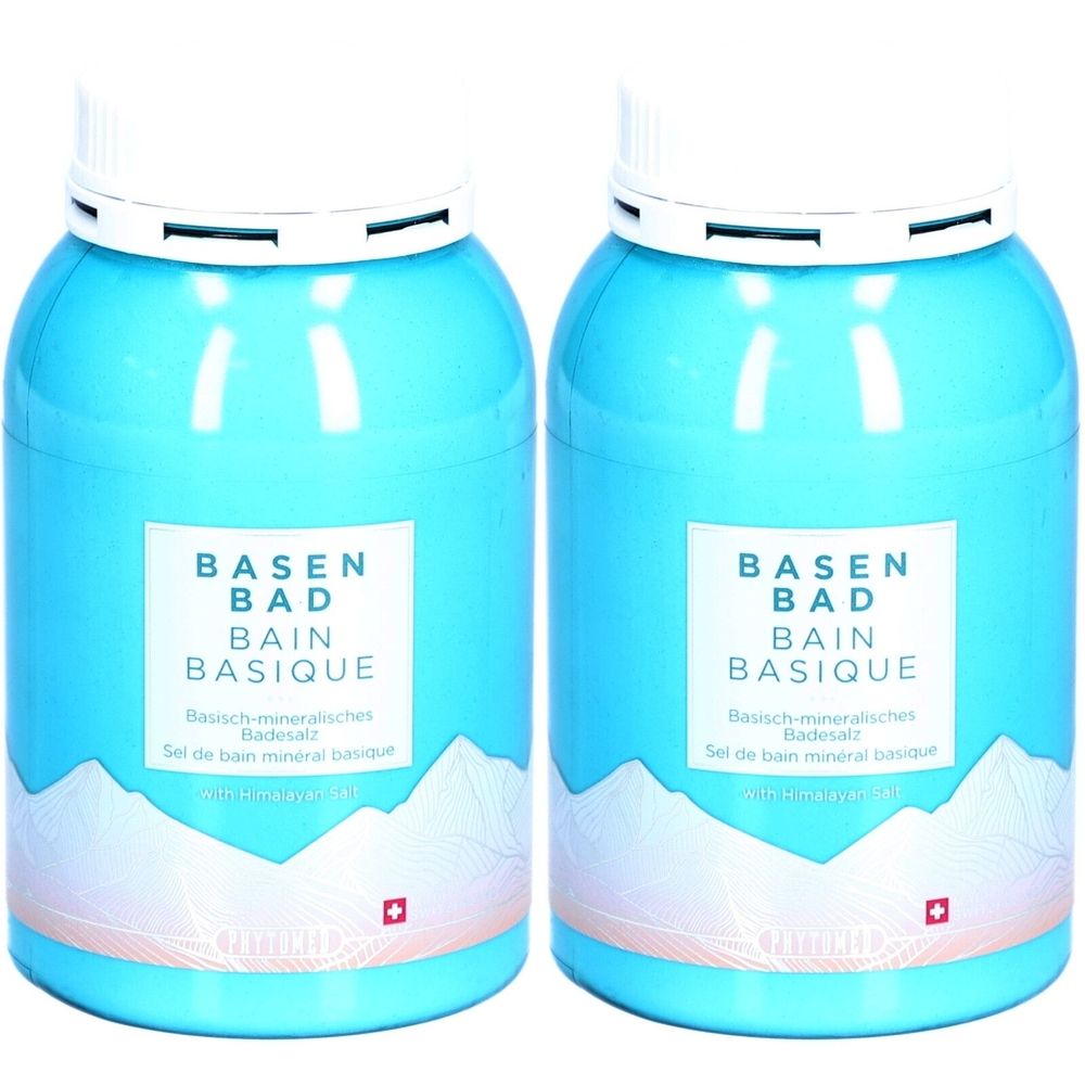 Deux flacons cylindriques bleu clair avec couvercles blancs. Inscription: BASEN BAD, BAIN BASIQUE. Croix suisse.