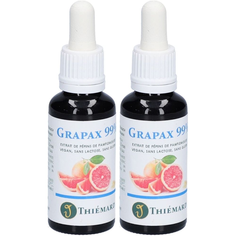 Zwei Flaschen mit weißem Deckel und Pipette. Auf dem Etikett steht "GRAPAX 99%" und ein Grapefruit-Motiv. Marke: THIÉMARD.