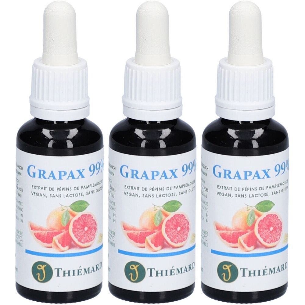 Drei Flaschen mit weißem Deckel und Pipette. Aufschrift: Grapax 99, Extrakt aus Grapefruitkernen. Marke: THIÉMARD.