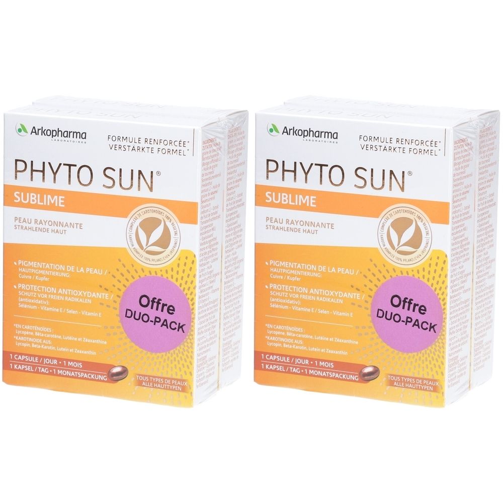 Zwei Kartons Arkopharma Phyto Sun Sublime Duo-Pack. Weiß, orange und lila Verpackung. Text: Peau Rayonnante, Offre Duo-Pack.