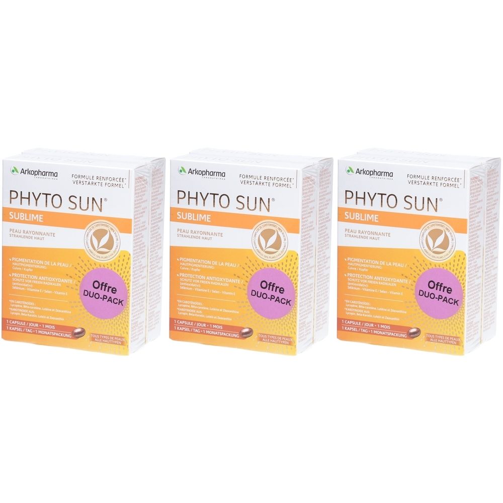 Drei Packungen Arkopharma Phyto Sun Sublime. Weiße Kartons mit orangefarbenen und gelben Elementen. Aufschrift: Phyto Sun Sublime und Duo-Pack.