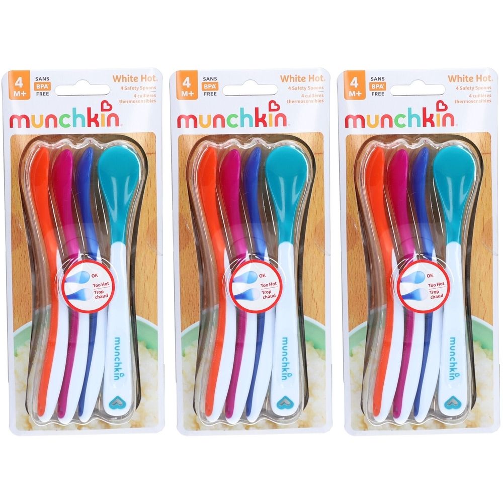 Trois emballages de cuillères. Chaque emballage contient quatre cuillères colorées. "Munchkin White Hot" est écrit.